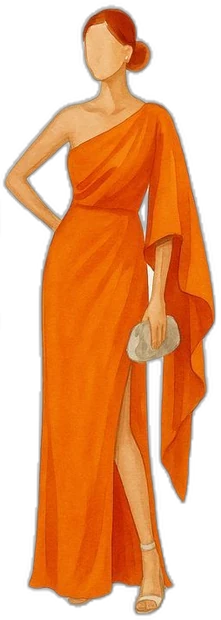 Ilustração de convidada em vestido longo laranja
